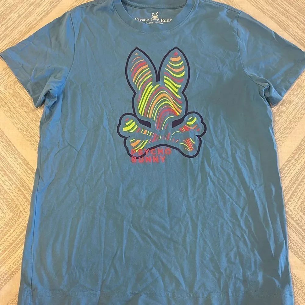 Psycho Bunny Men’s Light Blue T-Shirt with Neon Bunny Logo - Size 3 (XS)